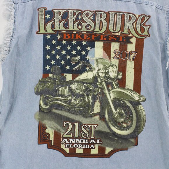 Vintage American Biker Image Men's Sleeveless Button Up Denim Shirt Size L - Picture 7 of 9